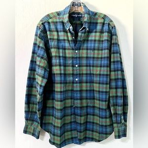 RALPH LAURE GREEN PLAID LONG SLEEVE CASUAL BUTTON DOWN COTTON SHIRT #130